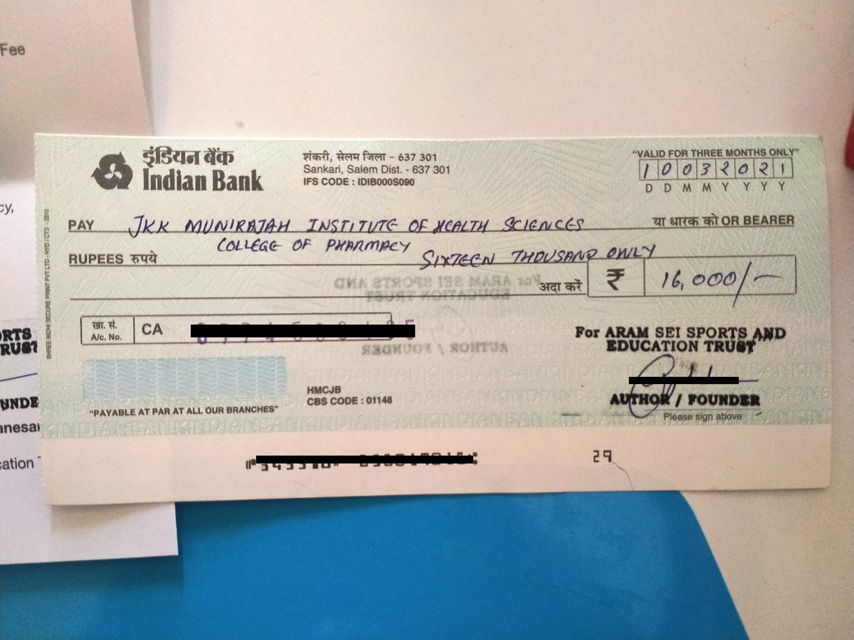 Aram Sei Sports and Education Trust cheque of ₹16,000 issued to JKK Munirajah Institute of Health Sciences for a student's B.Pharm studies