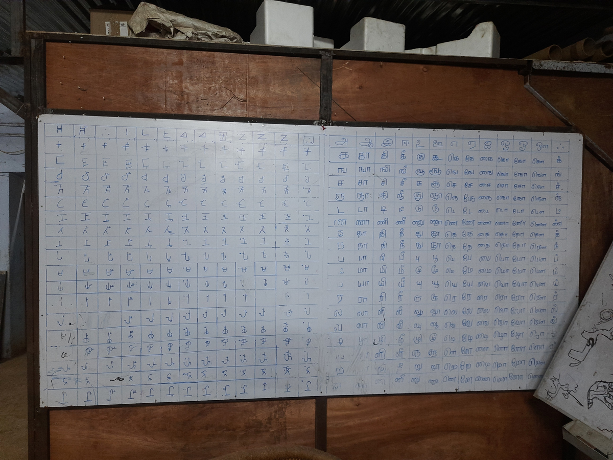 Whiteboard filled with Tamil ancient script characters — from a 15-day intensive session at Agathiyar Silambam School